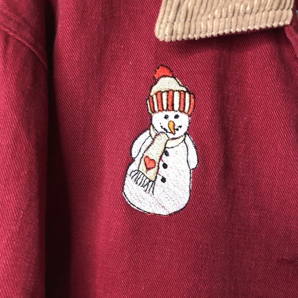 Vintage Sunbelt Denim Chore Coat Red Jean Jacket Snowman Winter Womens Small - Picture 7 of 10